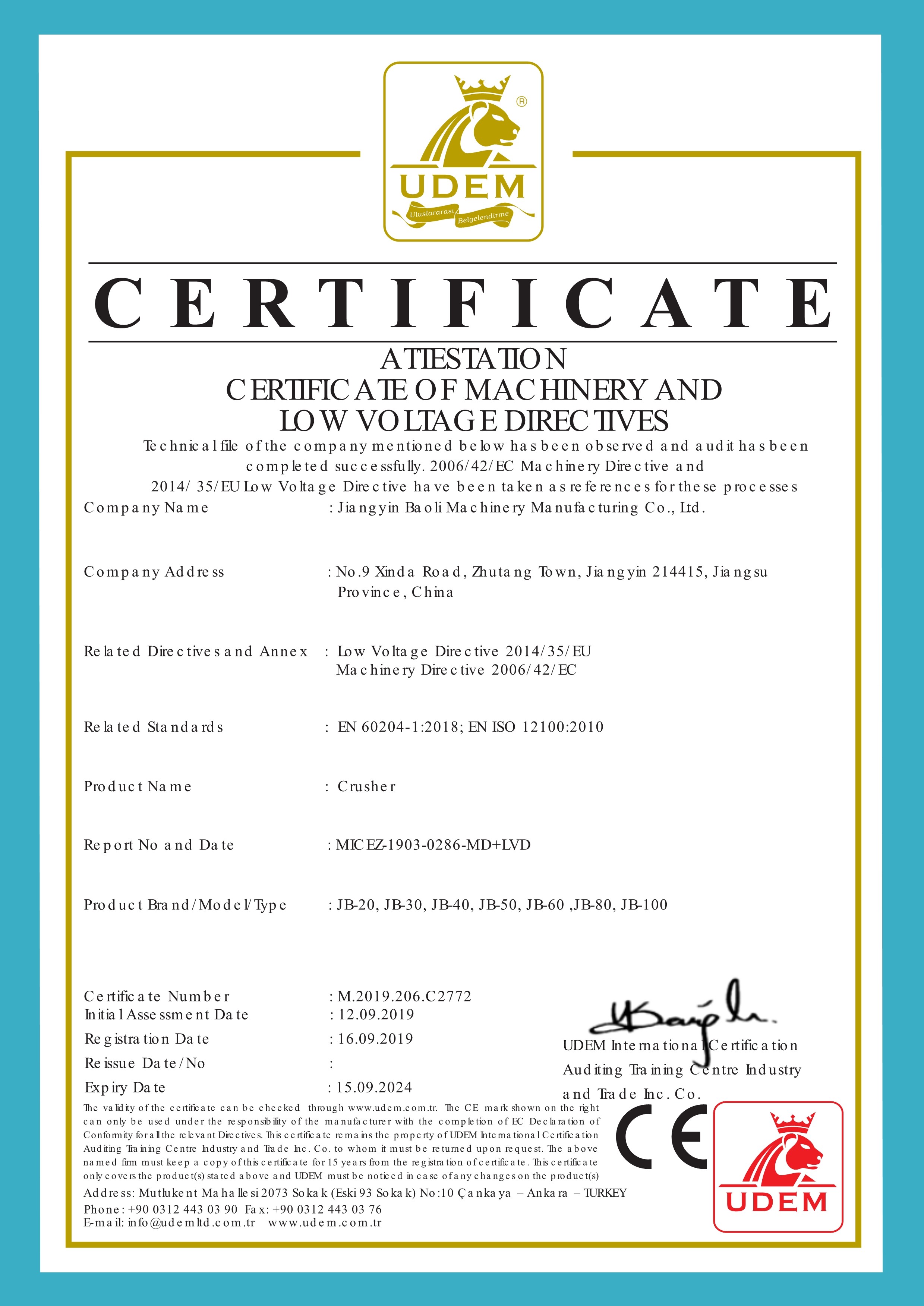 China Jiangyin Baoli Machinery Manufacturing Co., Ltd. Certificações