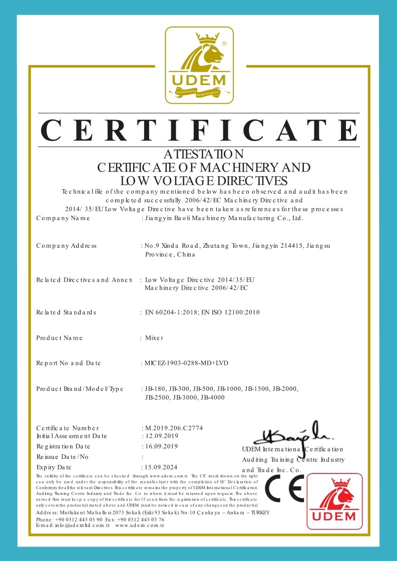 China Jiangyin Baoli Machinery Manufacturing Co., Ltd. Certificações